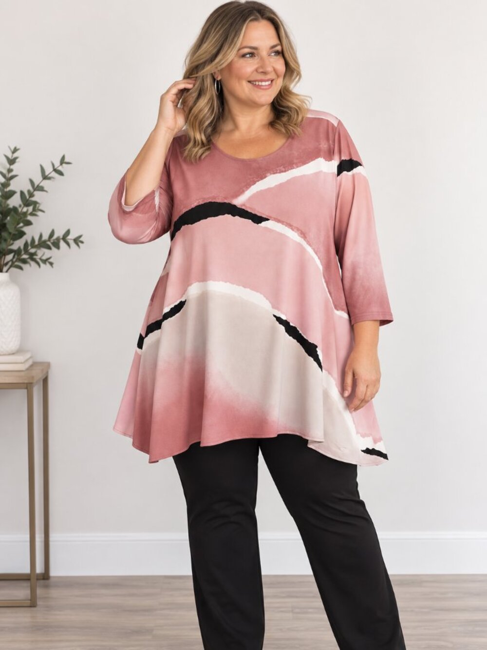 NWT Alfani Plus Size 3X Pink Mauve Abstract Swing Top 3/4 Sleeve Tunic